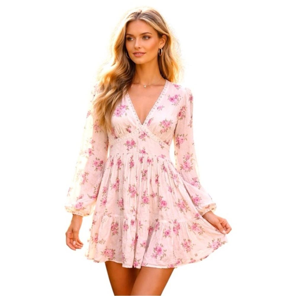 Altar’d State Pink Floral Lace Trim Mini Dress Romantic Cottagecore Boho Size XS